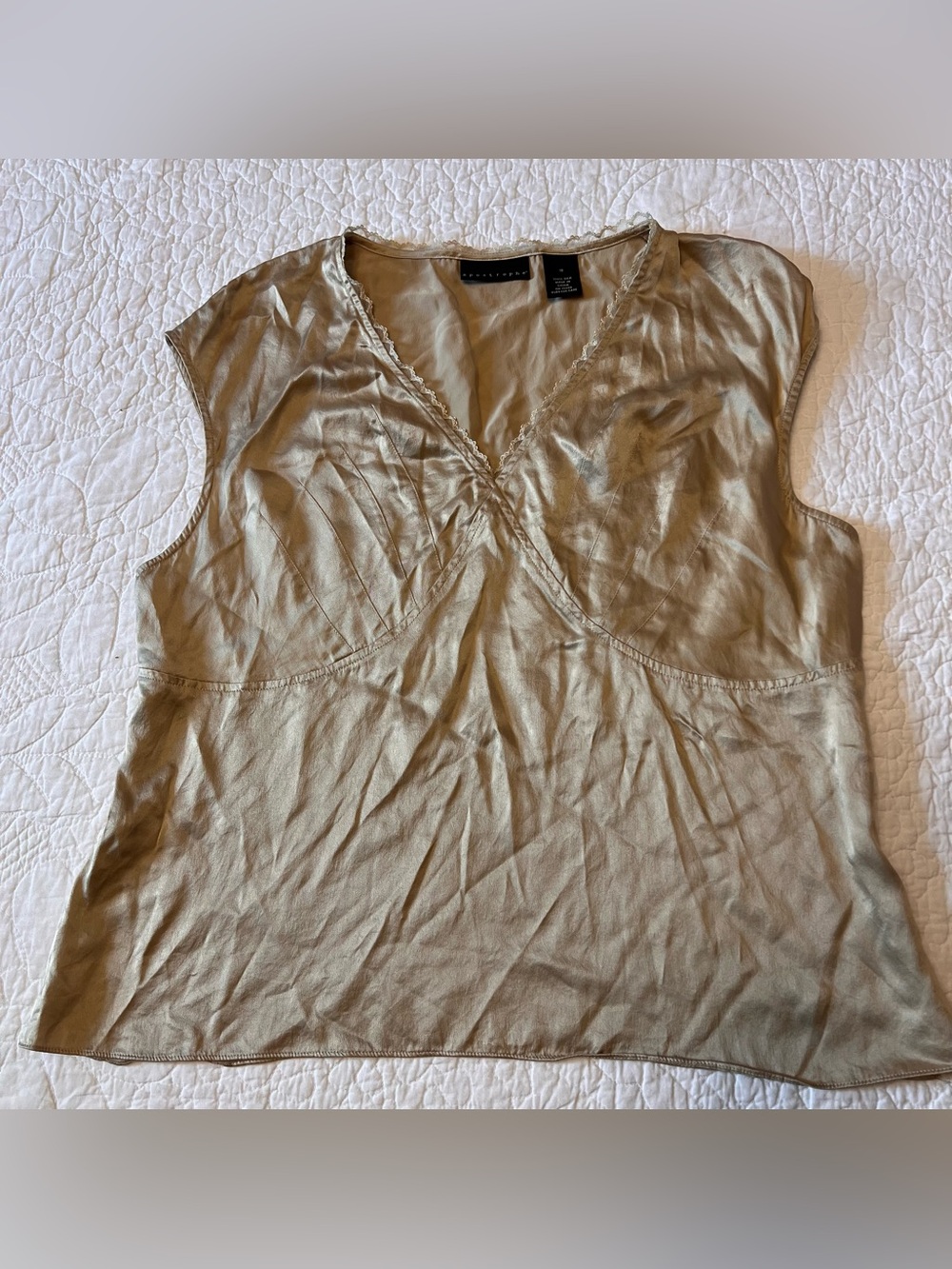vintage Apostrophe satin silk beige top featuring delicate lace trim V-neckline